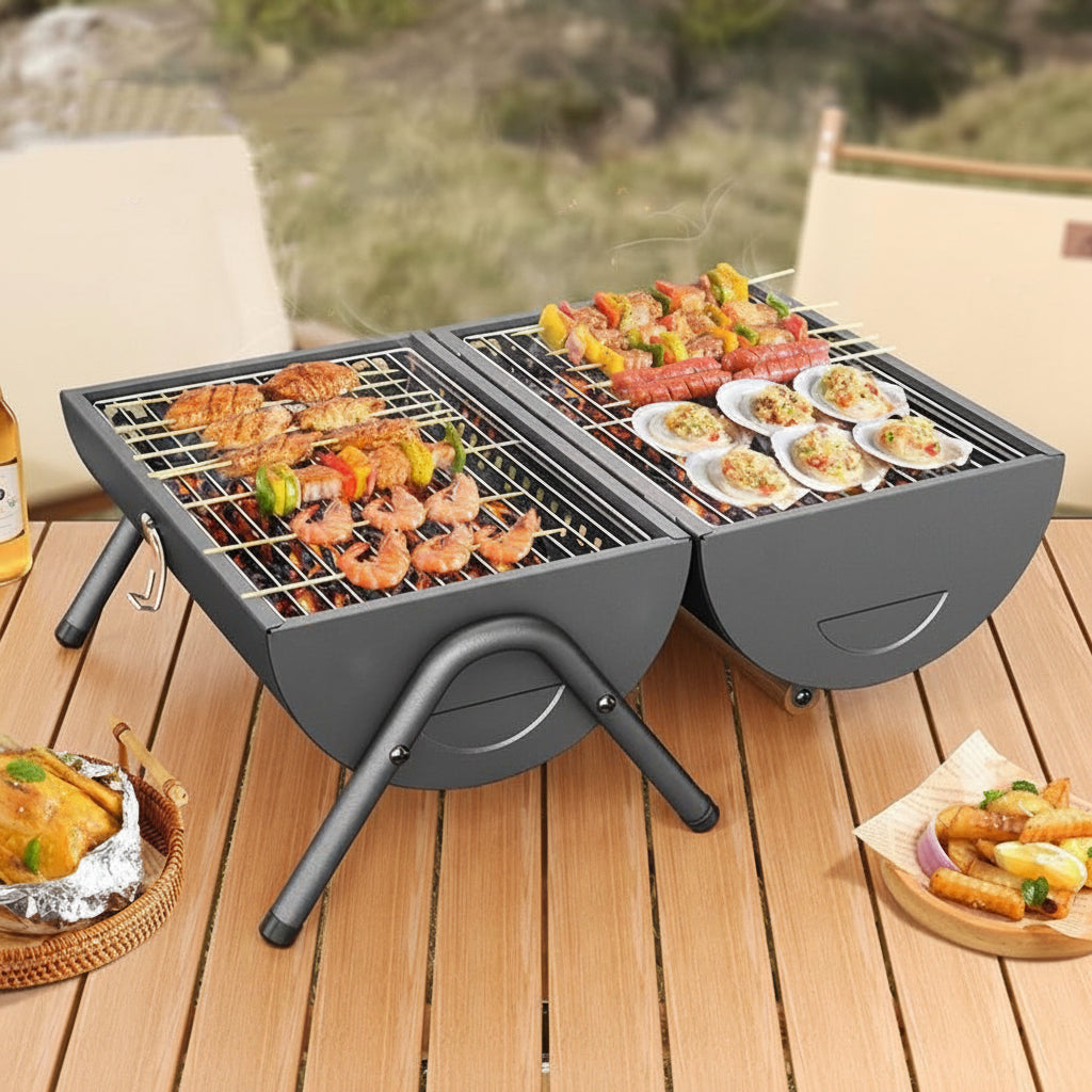 Camping Portable Charcoal Grill Stainless Steel Park BBQ Stoves Grills Folding Hibachi Grill with Handle, Mini Black Barbecue Smoker Grill for Outdoor