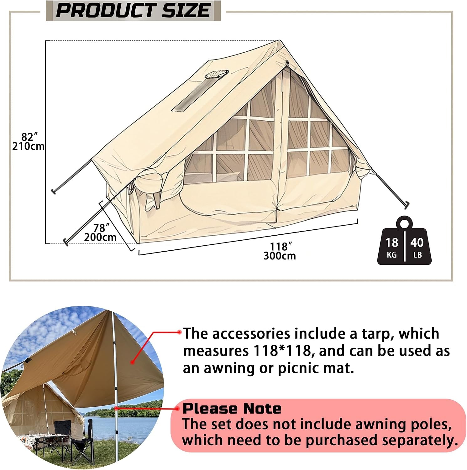 Portable All-Season Inflatable 4 Person Cabin House - Heavy Duty 600D Oxford Fabric