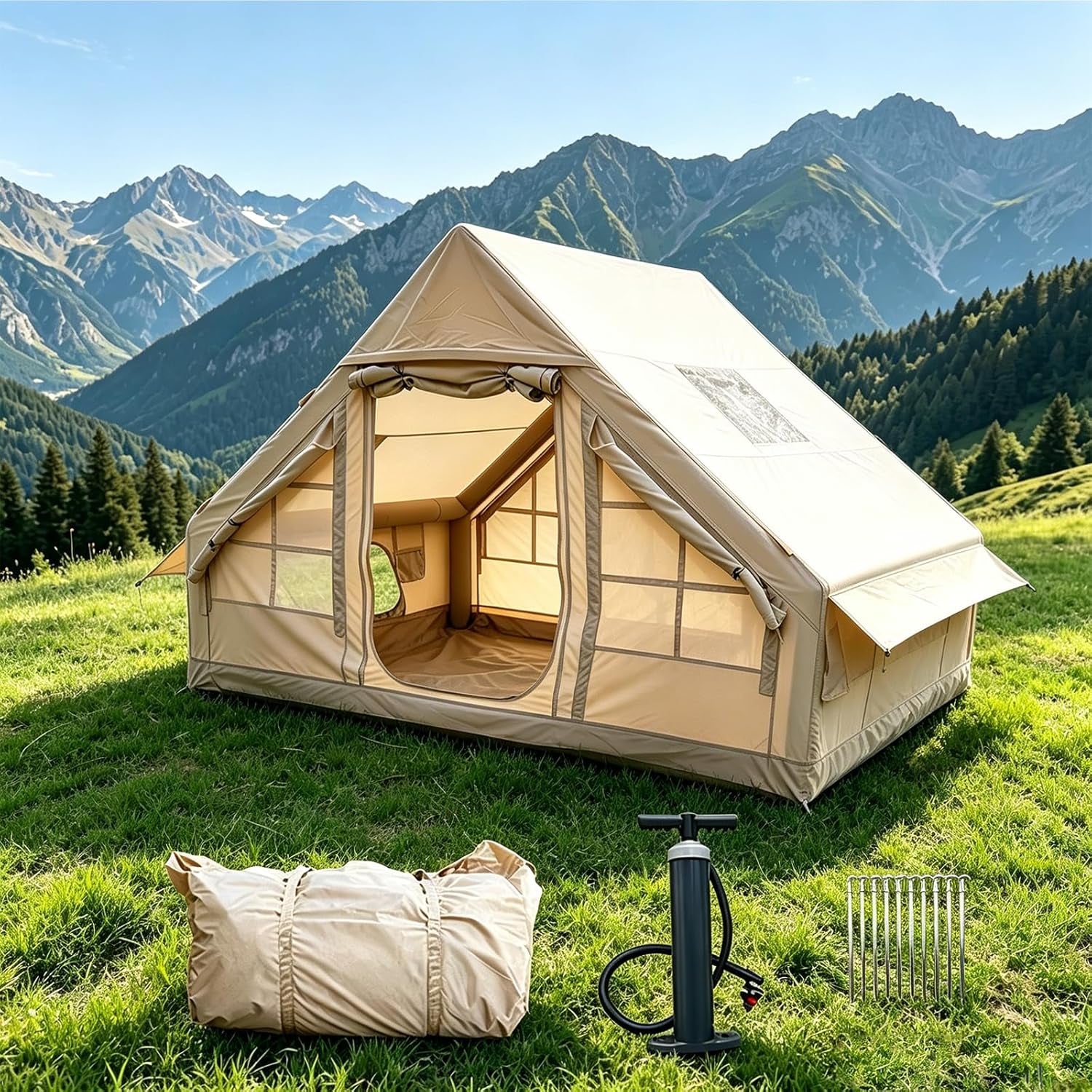 2 Person Premium Inflatable Tent with Pump, Mesh & Chimney Window.