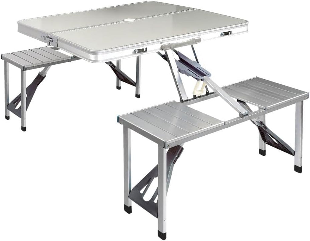 Camping Table with Chairs 85X66X66.5Cm Folding Portable Aluminium | Aluminium Framed Dining Set Suits Picnic Camp Travel, Garden Bench Seating and Beach BBQ Outings