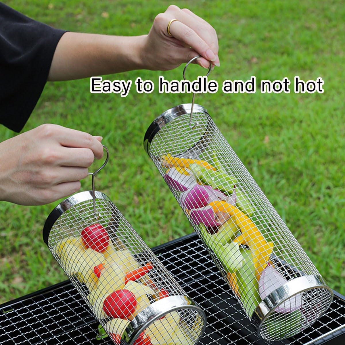 2PCS round BBQ Grill Basket, 7.9/11.8 Inch Rotating Barbecue Cage for Vegetables, Meat, and Seafood, Portable Smoker Drum with Mesh Design