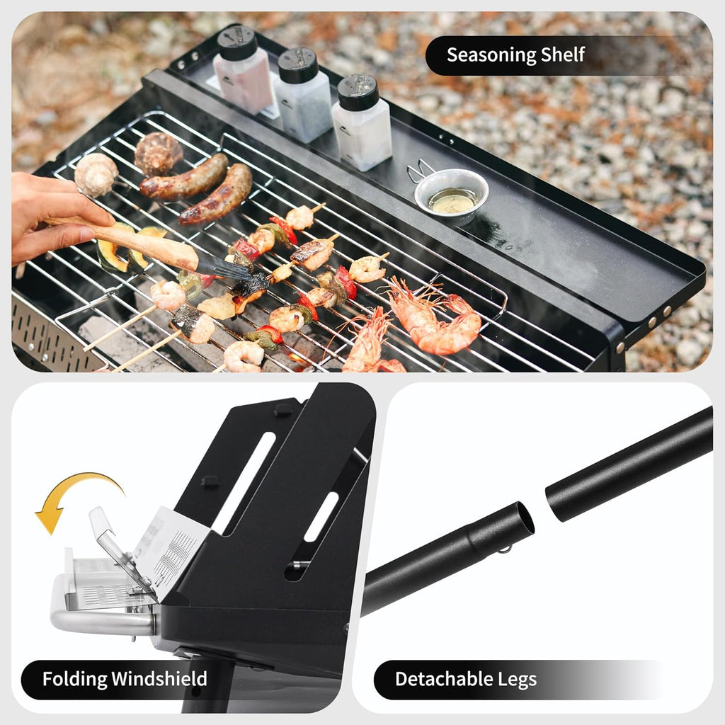 Portable Charcoal BBQ Grill, Height Adjustable Camping Barbecue Grill for Garden Backyard Party, Outdoor Cooking (Grill Tong & Carry Bag Included)