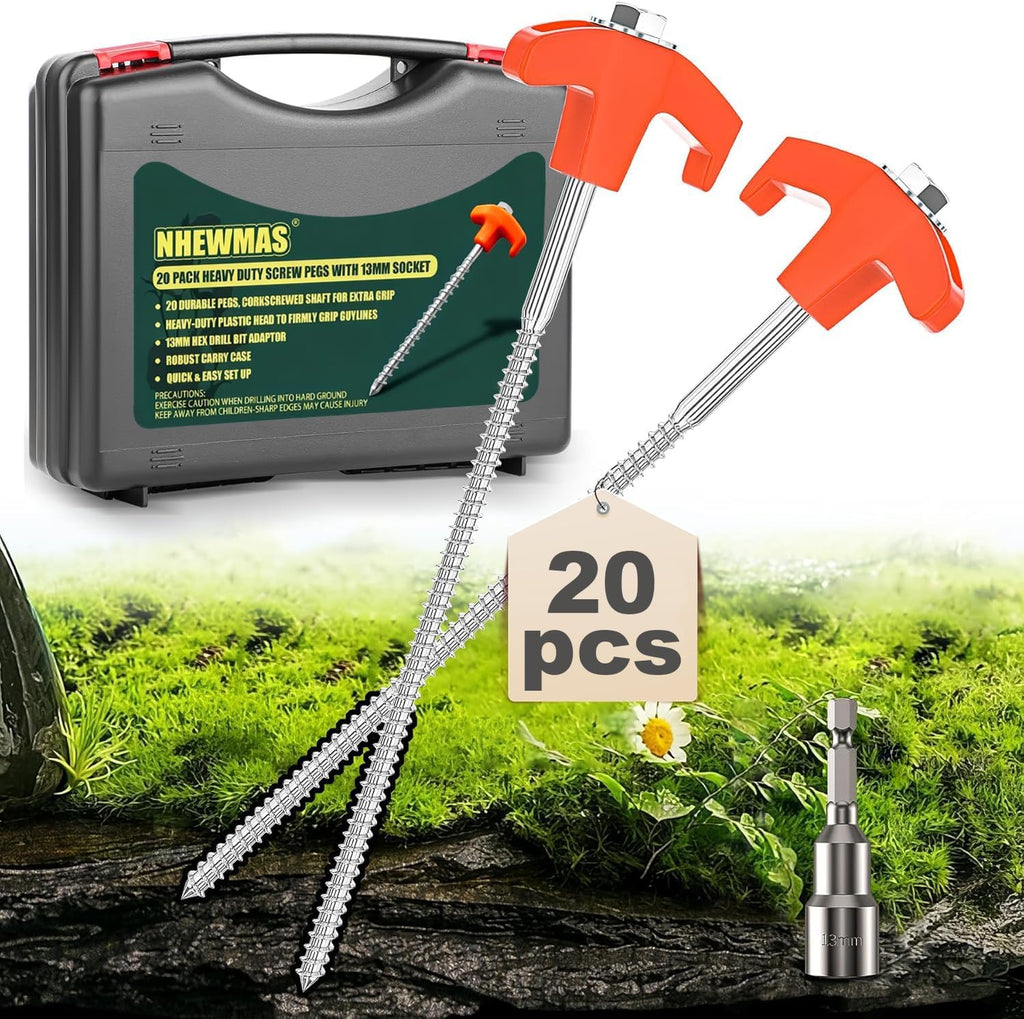 Screw in Tent Pegs 21-Piece Set, 8'' Heavy Duty Camping Stakes X 20 with 13Mm Socket X 1, Essential Camping Accessories for Tent Canopy Awning Outdoor Hiking
