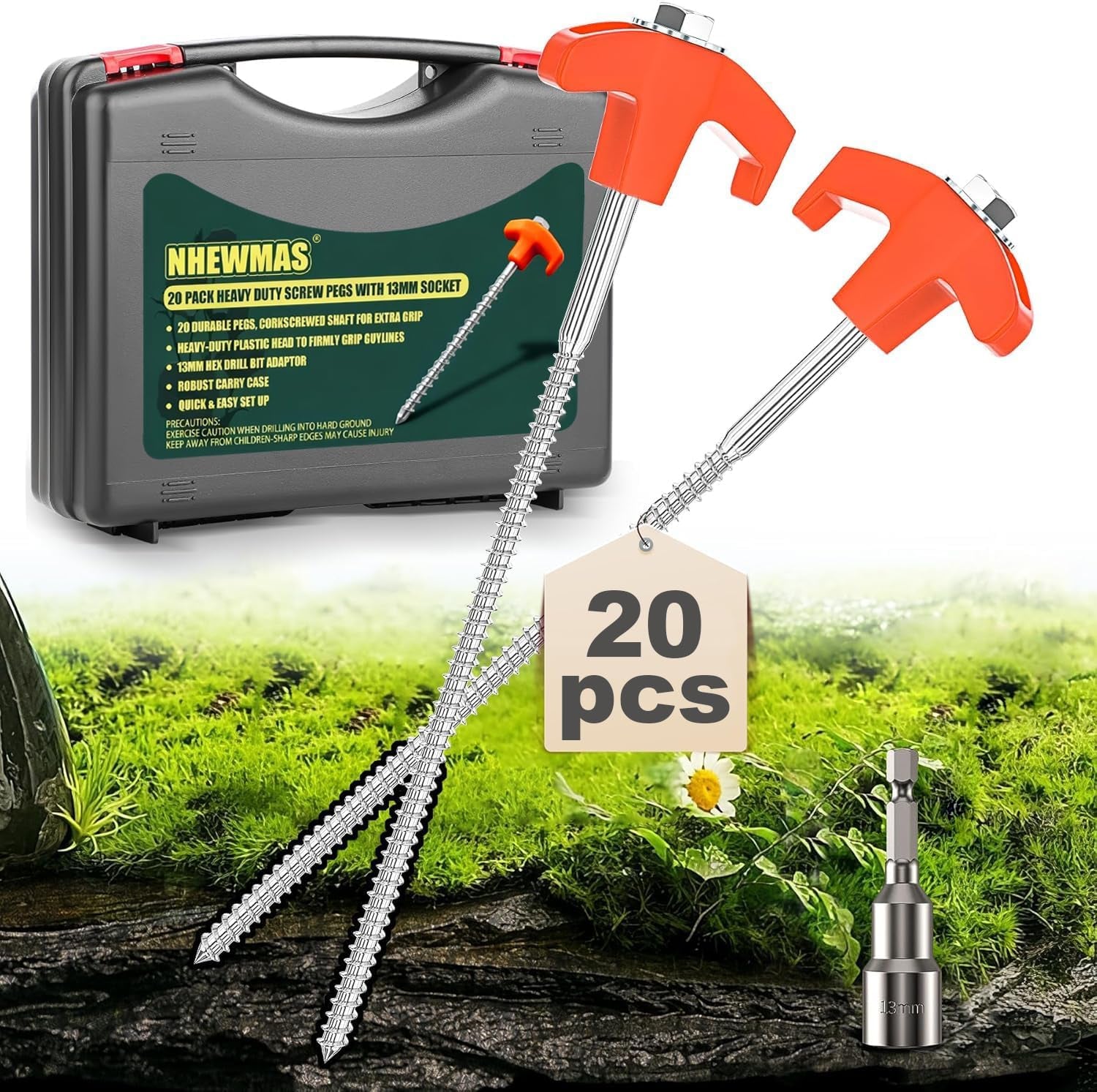 Screw in Tent Pegs 21-Piece Set, 8'' Heavy Duty Camping Stakes X 20 with 13Mm Socket X 1, Essential Camping Accessories for Tent Canopy Awning Outdoor Hiking