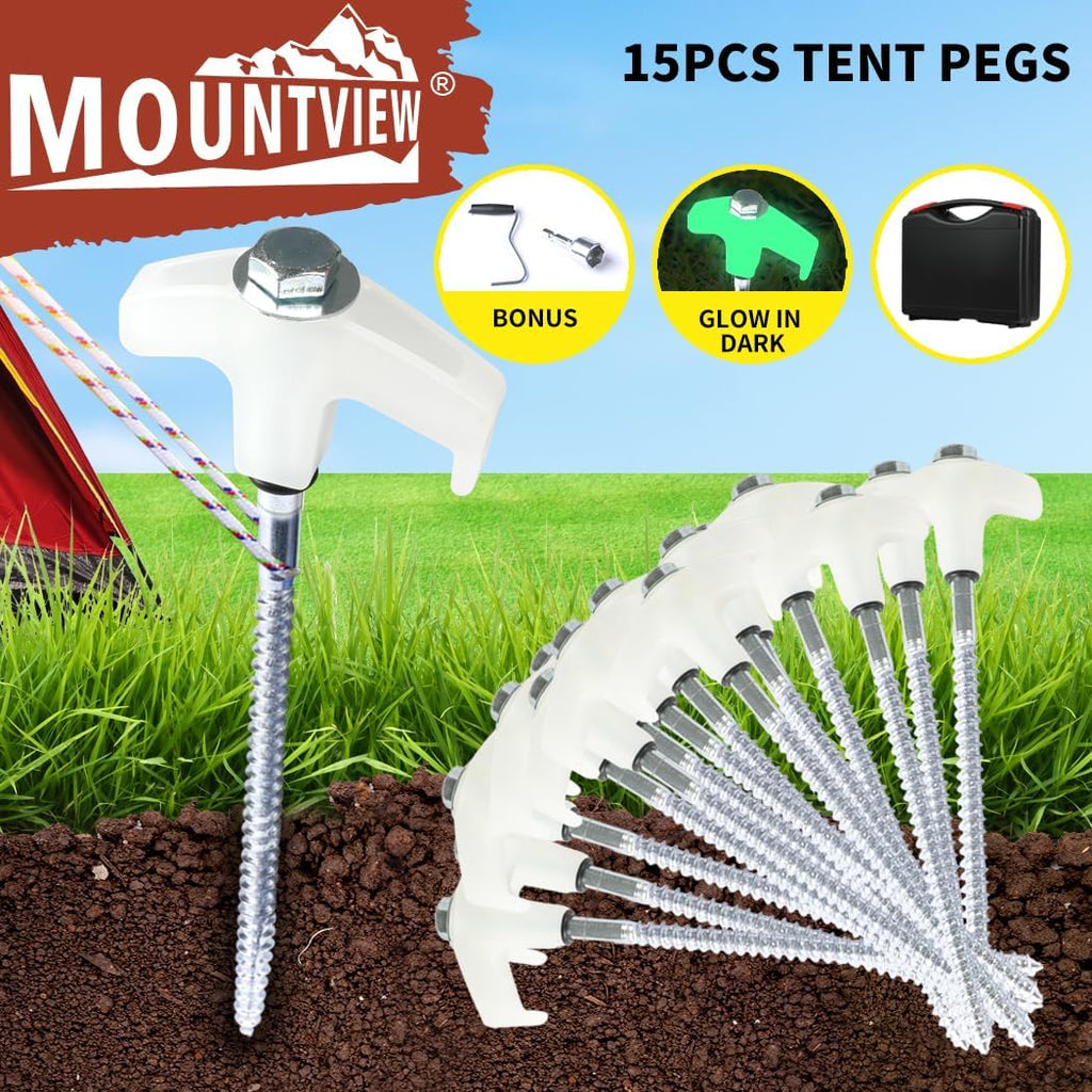 Tent Pegs Heavy Duty Screw Steel in Ground Camping Outdoor Stakes X15, 15Pcs Tent Stakes with Sotrage Box Case,Adaptor,Peg Puller, Galvanized Steel Tent Pegs for Camping,Garden,Sand,Beach