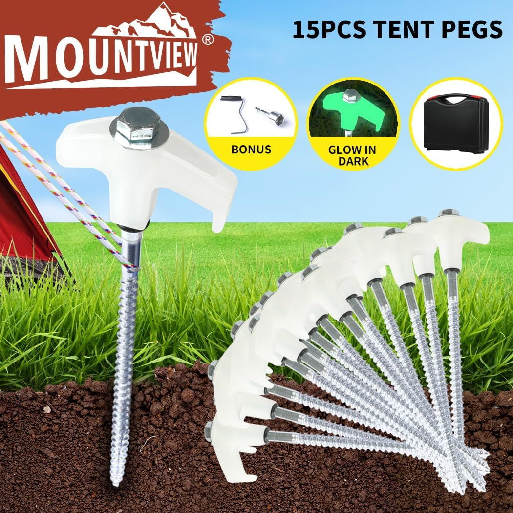 Tent Pegs Heavy Duty Screw Steel in Ground Camping Outdoor Stakes X15, 15Pcs Tent Stakes with Sotrage Box Case,Adaptor,Peg Puller, Galvanized Steel Tent Pegs for Camping,Garden,Sand,Beach
