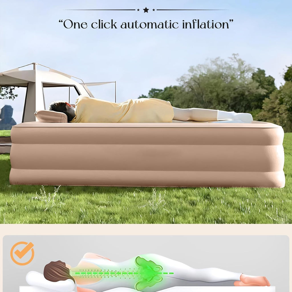 Single Air Mattress with Built-In Pump, Portable Inflatable Bed, Blow up Mattress for Camping Travel Home Guests, 191 * 100 * 40Cm Beige