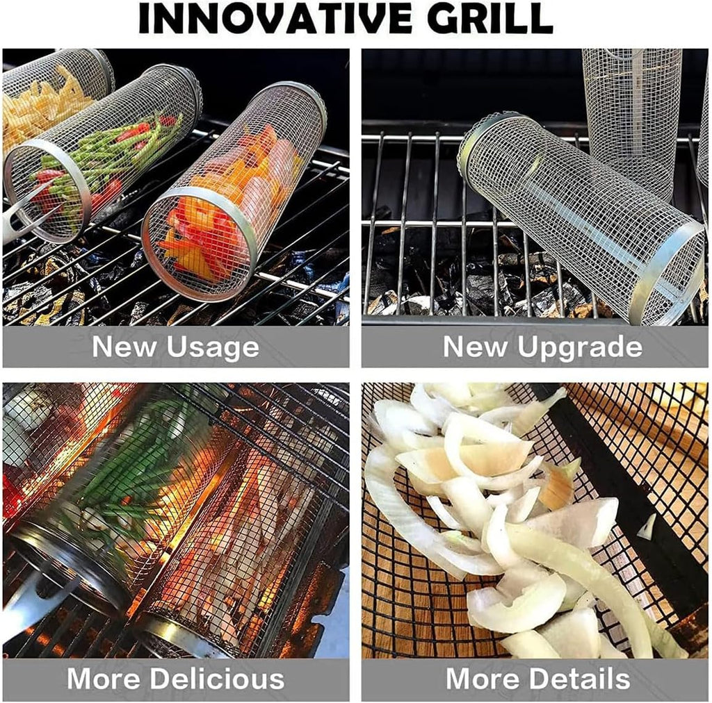 2PCS round BBQ Grill Basket, 7.9/11.8 Inch Rotating Barbecue Cage for Vegetables, Meat, and Seafood, Portable Smoker Drum with Mesh Design