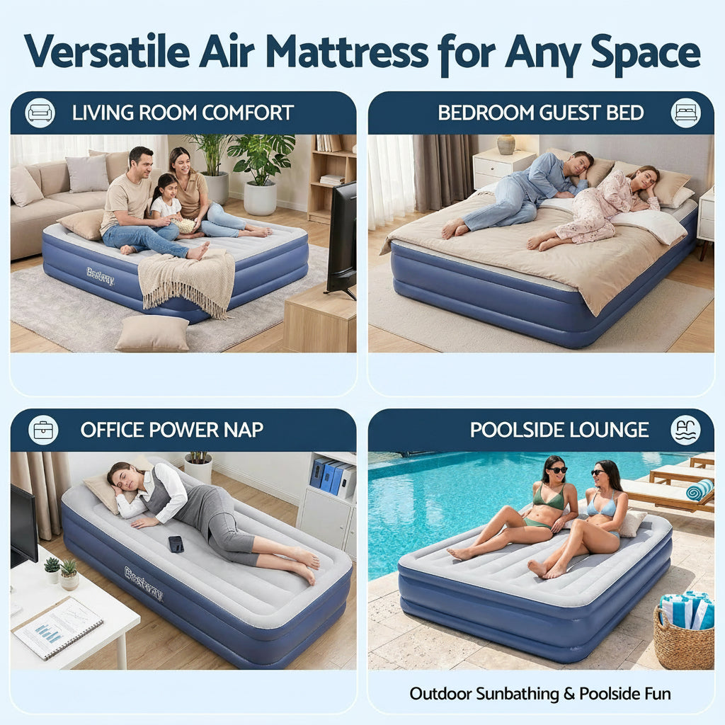 King Air Mattress with AC Pump Camping Inflatable Bed Travel Blue | Built-In AC Pump Inflates Quickly; Includes Carry Bag and Pillow with Flocked Surface for Camping and Indoor Guest Use.
