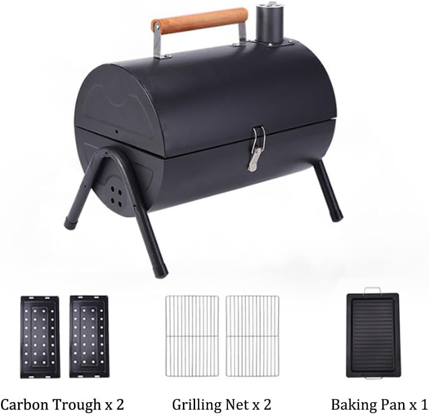 Camping Portable Charcoal Grill Stainless Steel Park BBQ Stoves Grills Folding Hibachi Grill with Handle, Mini Black Barbecue Smoker Grill for Outdoor