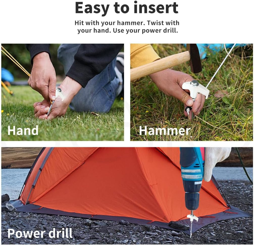 Tent Pegs Heavy Duty Screw Steel in Ground Camping Outdoor Stakes X15, 15Pcs Tent Stakes with Sotrage Box Case,Adaptor,Peg Puller, Galvanized Steel Tent Pegs for Camping,Garden,Sand,Beach