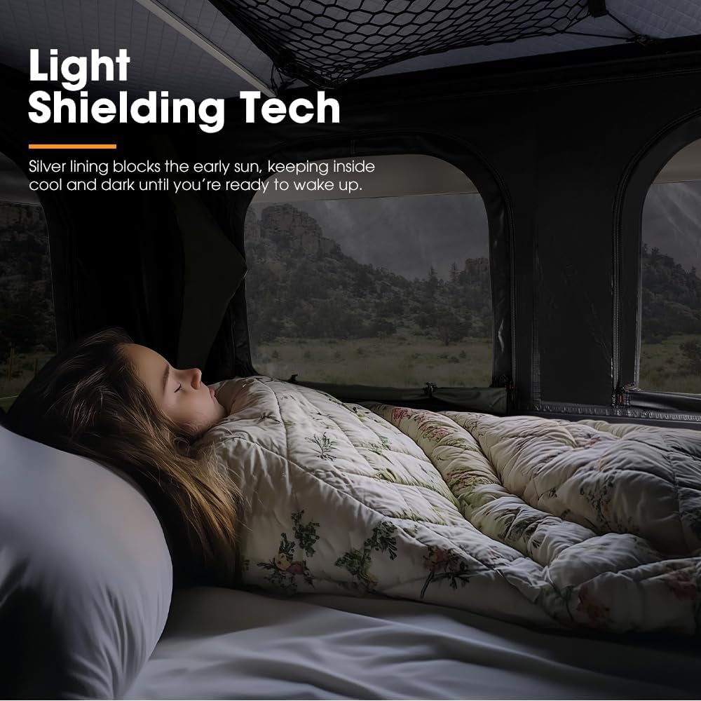 Rooftop Tent Hard Shell - Overland Aluminium Roof Top Tent Slimline, W/Tri-Color LED Strip Light & 4CM Thick Mattress, for Car SUV Truck Camping, 2-3 People
