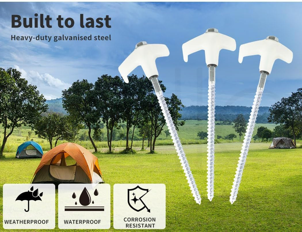 Tent Pegs Heavy Duty Screw Steel in Ground Camping Outdoor Stakes X15, 15Pcs Tent Stakes with Sotrage Box Case,Adaptor,Peg Puller, Galvanized Steel Tent Pegs for Camping,Garden,Sand,Beach