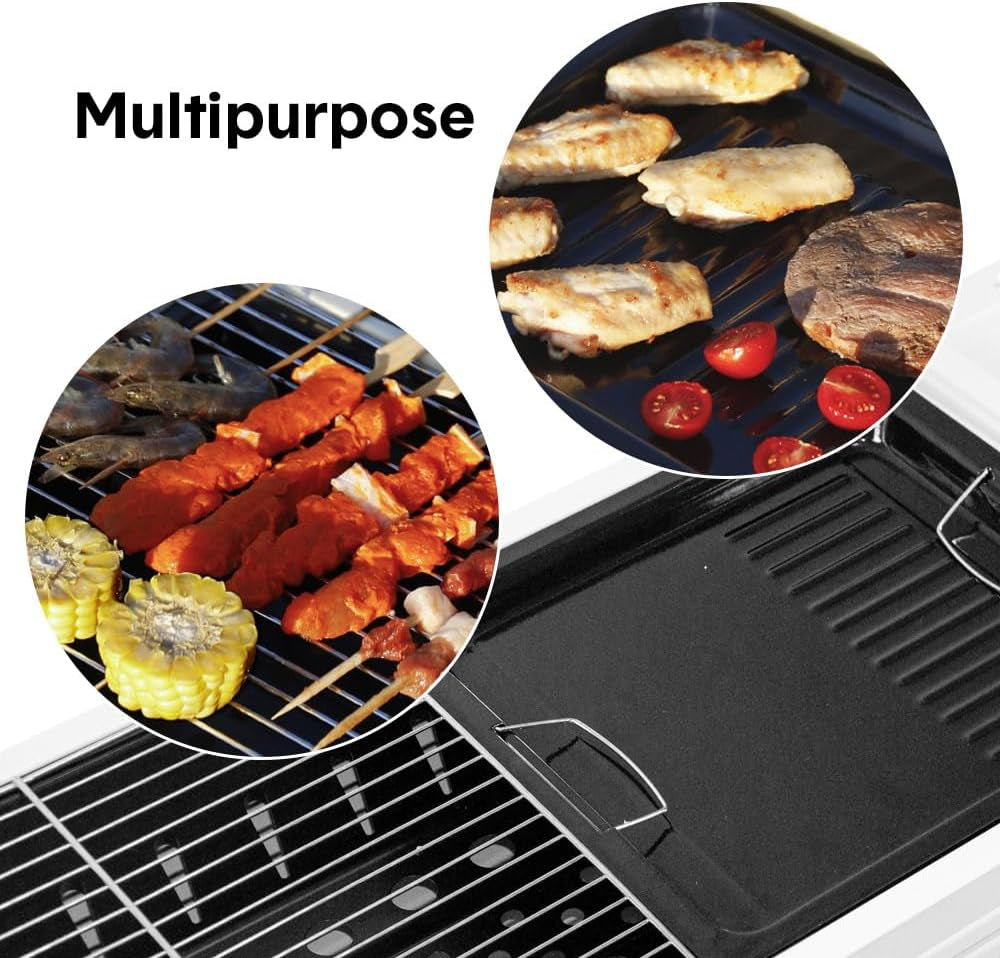 Portable Large Barbecue Charcoal Grill Stove Foldable Charcoal Outdoor Camping Barbecue Stainless Steel BBQ Grill, with 2 Grill Nets 2 Enamel Baking Pans Tong, 122X55X31Cm