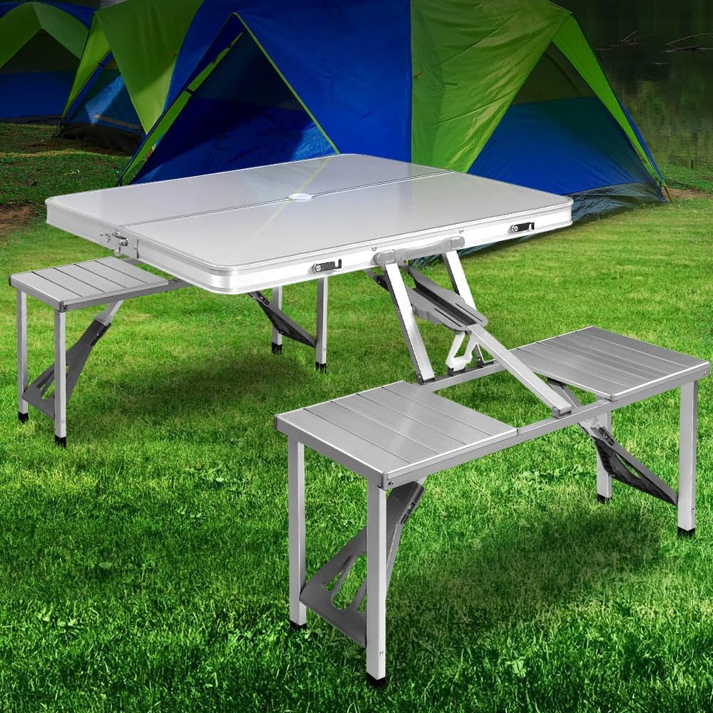 Camping Table with Chairs 85X66X66.5Cm Folding Portable Aluminium | Aluminium Framed Dining Set Suits Picnic Camp Travel, Garden Bench Seating and Beach BBQ Outings
