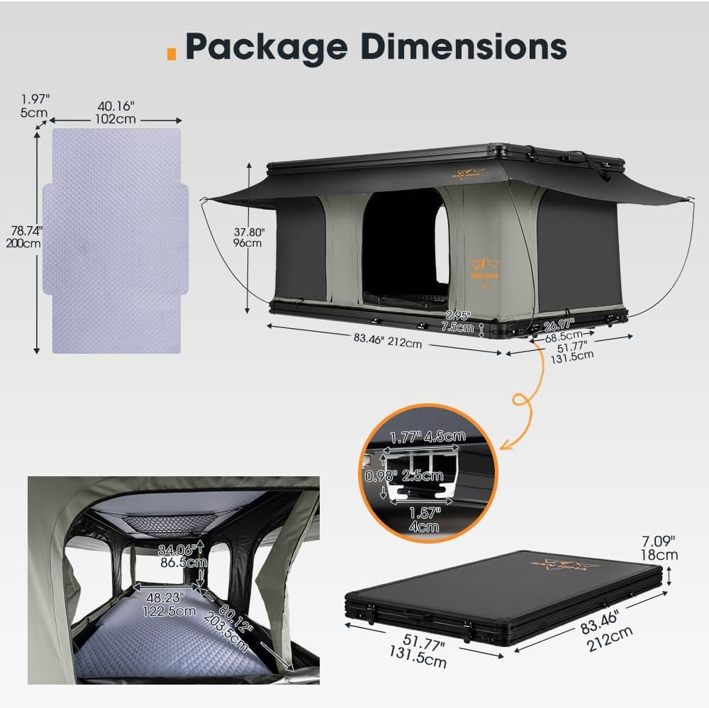 Rooftop Tent Hard Shell - Overland Aluminium Roof Top Tent Slimline, W/Tri-Color LED Strip Light & 4CM Thick Mattress, for Car SUV Truck Camping, 2-3 People