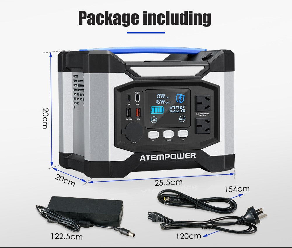 Atem Power Portable Power Station 500W Solar Generator 518Wh Charging RV Backup