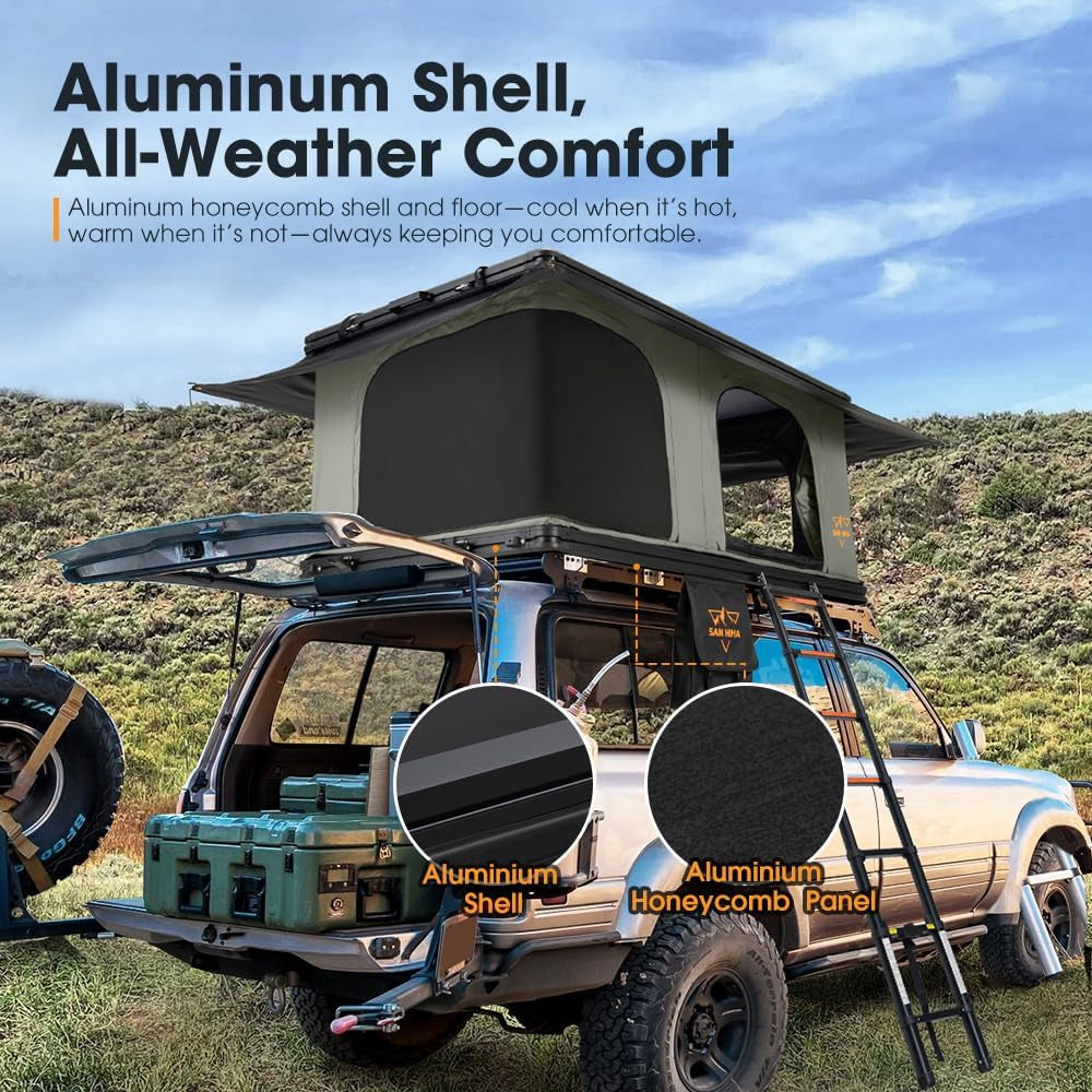 Rooftop Tent Hard Shell - Overland Aluminium Roof Top Tent Slimline, W/Tri-Color LED Strip Light & 4CM Thick Mattress, for Car SUV Truck Camping, 2-3 People