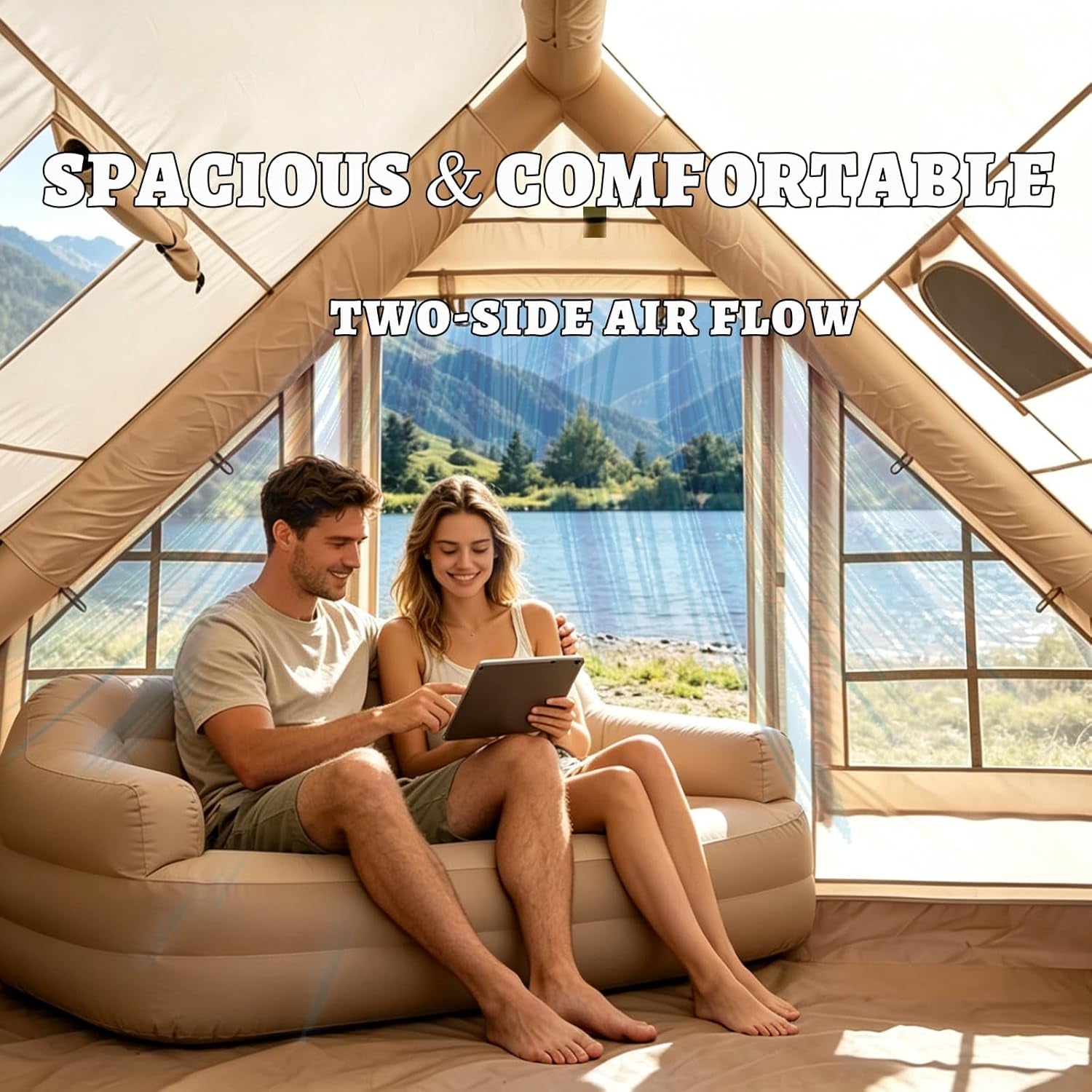 2 Person Premium Inflatable Tent with Pump, Mesh & Chimney Window.