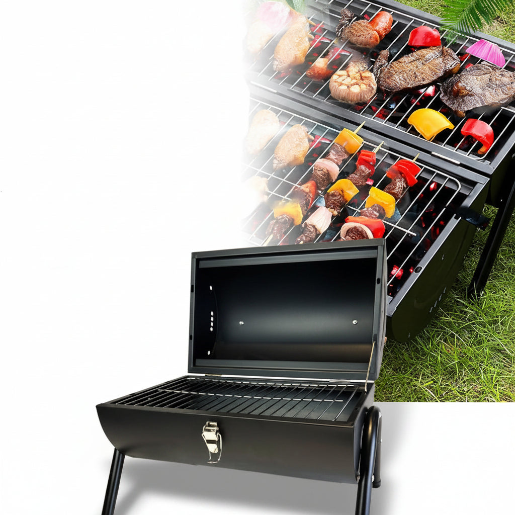 Camping Portable Charcoal Grill Stainless Steel Park BBQ Stoves Grills Folding Hibachi Grill with Handle, Mini Black Barbecue Smoker Grill for Outdoor