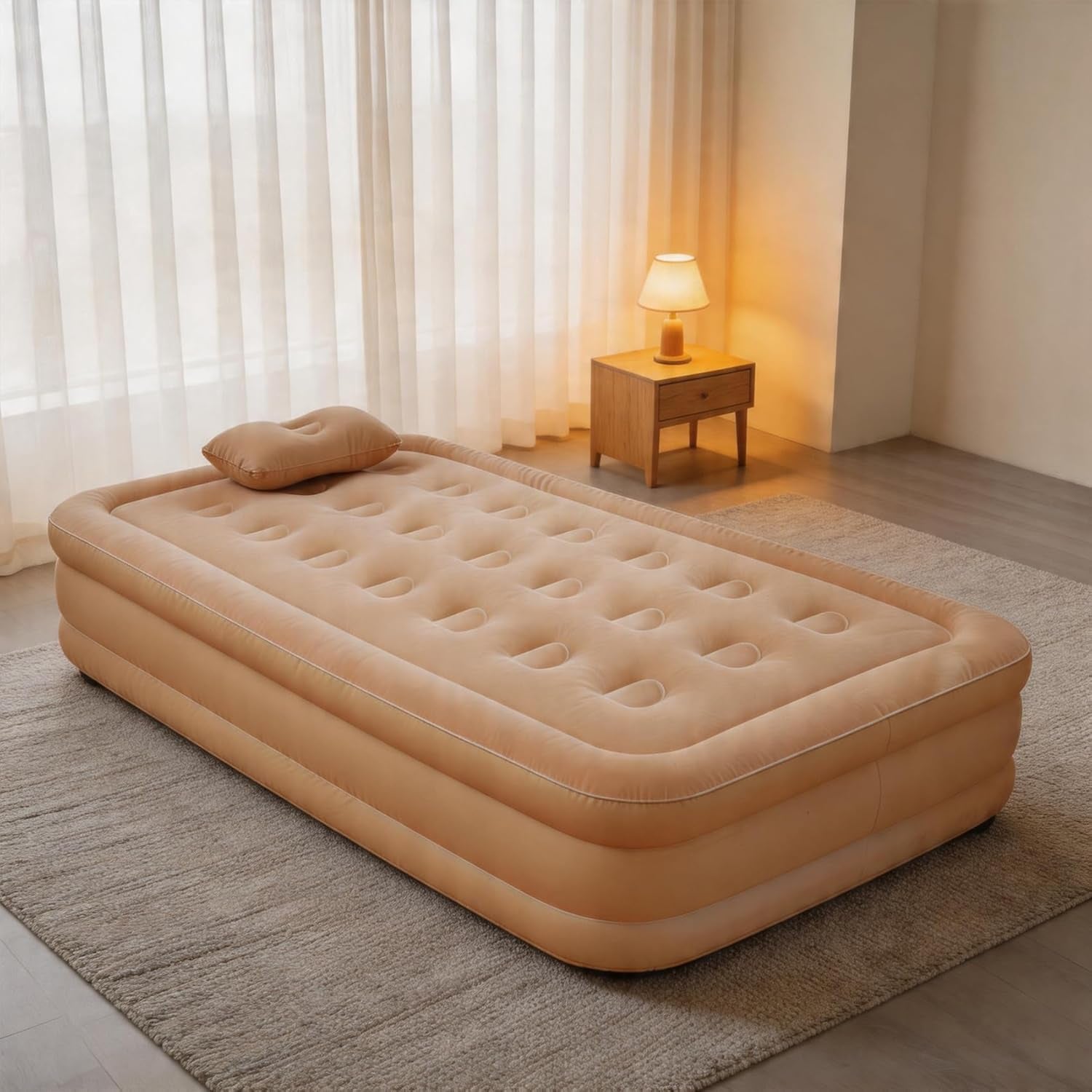 Single Air Mattress with Built-In Pump, Portable Inflatable Bed, Blow up Mattress for Camping Travel Home Guests, 191 * 100 * 40Cm Beige