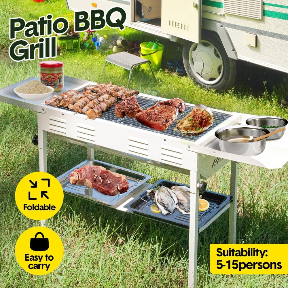 Portable Large Barbecue Charcoal Grill Stove Foldable Charcoal Outdoor Camping Barbecue Stainless Steel BBQ Grill, with 2 Grill Nets 2 Enamel Baking Pans Tong, 122X55X31Cm