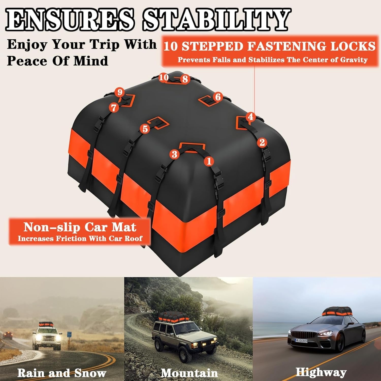 Rooftop Cargo Carrier,  Waterproof Car Roof Bag for All Vehicles With/Without Rack, Roof Top Luggage Bag, Anti-Slip Mat, 10 Reinforced Straps, 6 Door Hooks, Luggage Lock Included
