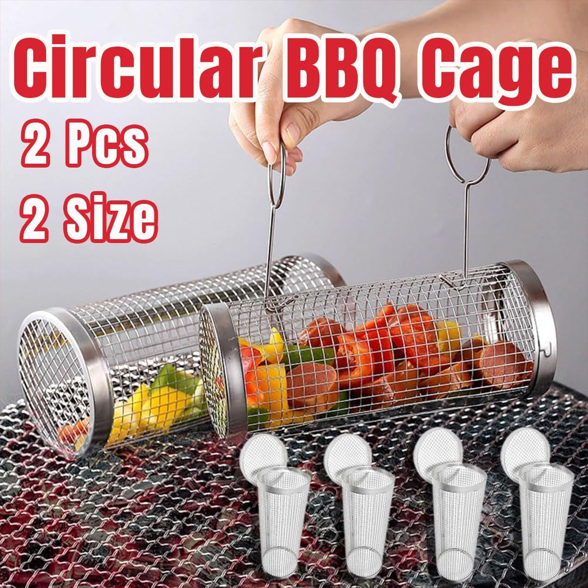 2PCS round BBQ Grill Basket, 7.9/11.8 Inch Rotating Barbecue Cage for Vegetables, Meat, and Seafood, Portable Smoker Drum with Mesh Design