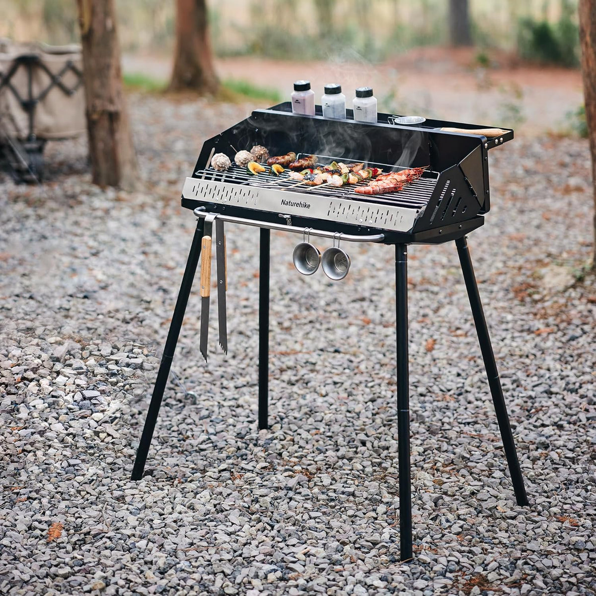 Portable Charcoal BBQ Grill, Height Adjustable Camping Barbecue Grill for Garden Backyard Party, Outdoor Cooking (Grill Tong & Carry Bag Included)