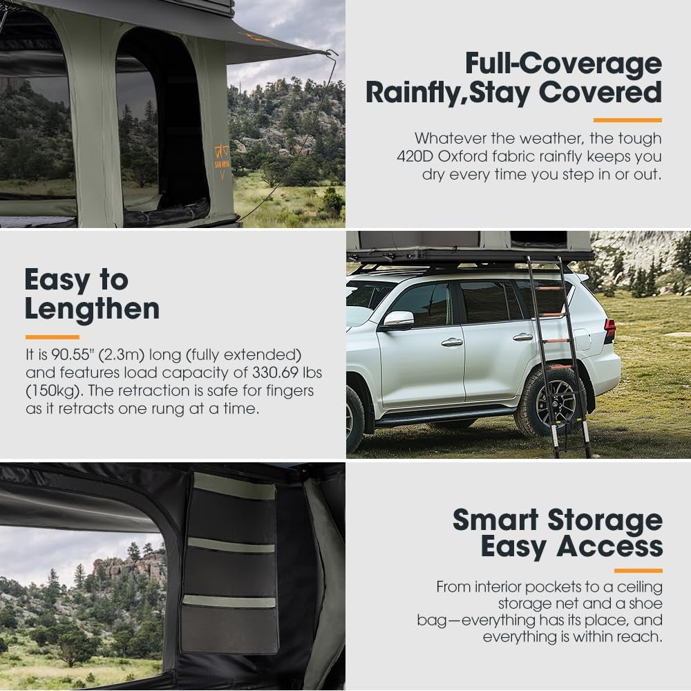 Rooftop Tent Hard Shell - Overland Aluminium Roof Top Tent Slimline, W/Tri-Color LED Strip Light & 4CM Thick Mattress, for Car SUV Truck Camping, 2-3 People