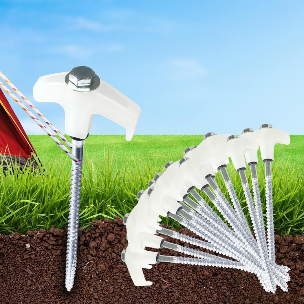 Tent Pegs Heavy Duty Screw Steel in Ground Camping Outdoor Stakes X15, 15Pcs Tent Stakes with Sotrage Box Case,Adaptor,Peg Puller, Galvanized Steel Tent Pegs for Camping,Garden,Sand,Beach