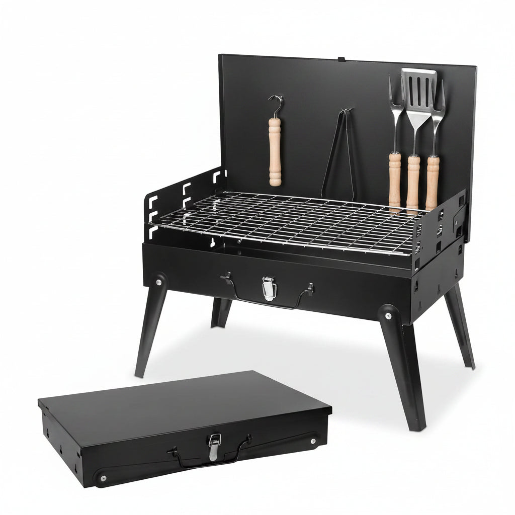 BBQ Grill Outdoor Folding Charcoal, Foldable Camping Grill with Barbecue Accessories & Lid for Outdoor Cooking Camp Picnic Hiking Beach Patio Smokers
