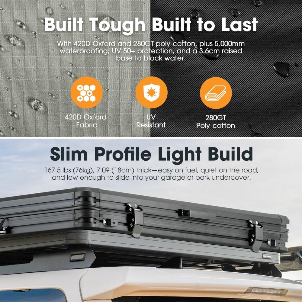 Rooftop Tent Hard Shell - Overland Aluminium Roof Top Tent Slimline, W/Tri-Color LED Strip Light & 4CM Thick Mattress, for Car SUV Truck Camping, 2-3 People