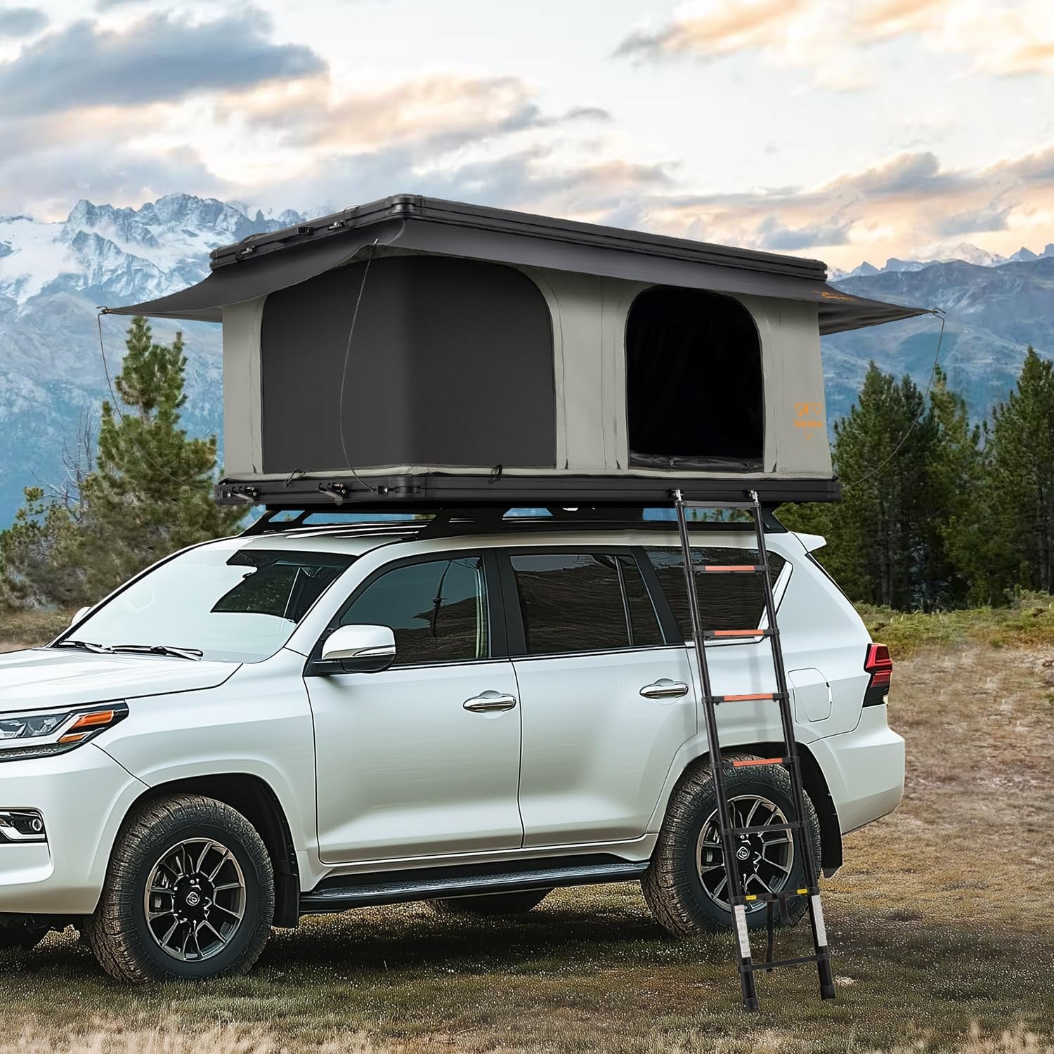 Rooftop Tent Hard Shell - Overland Aluminium Roof Top Tent Slimline, W/Tri-Color LED Strip Light & 4CM Thick Mattress, for Car SUV Truck Camping, 2-3 People