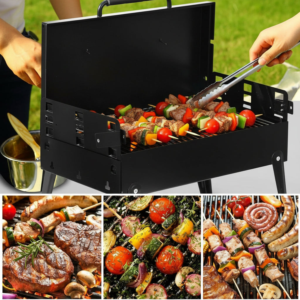 BBQ Grill Outdoor Folding Charcoal, Foldable Camping Grill with Barbecue Accessories & Lid for Outdoor Cooking Camp Picnic Hiking Beach Patio Smokers