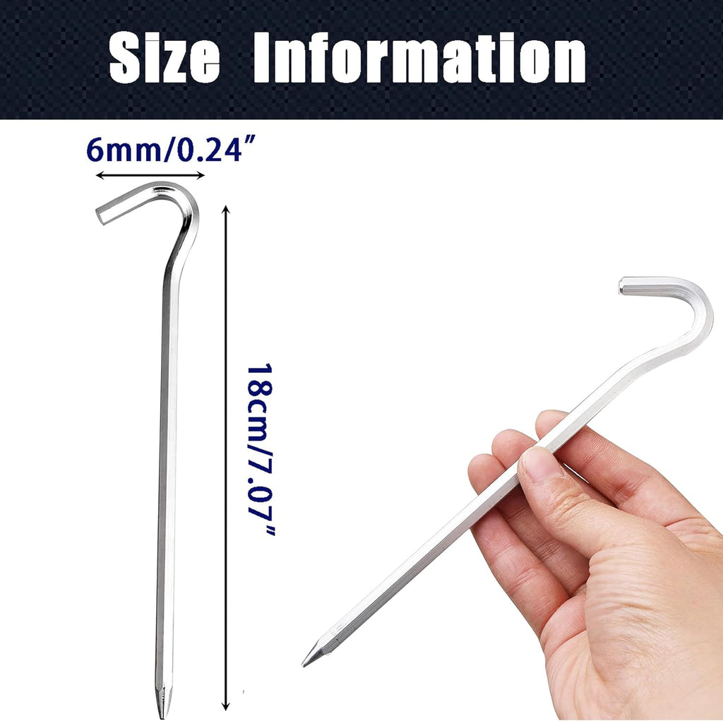 20Pcs Heavy Duty Aluminium Tent Pegs, 7Inch Galvanized Metal Tent Stakes with Hook for Camping, Garden, Fence - Silver (Betterjonny)
