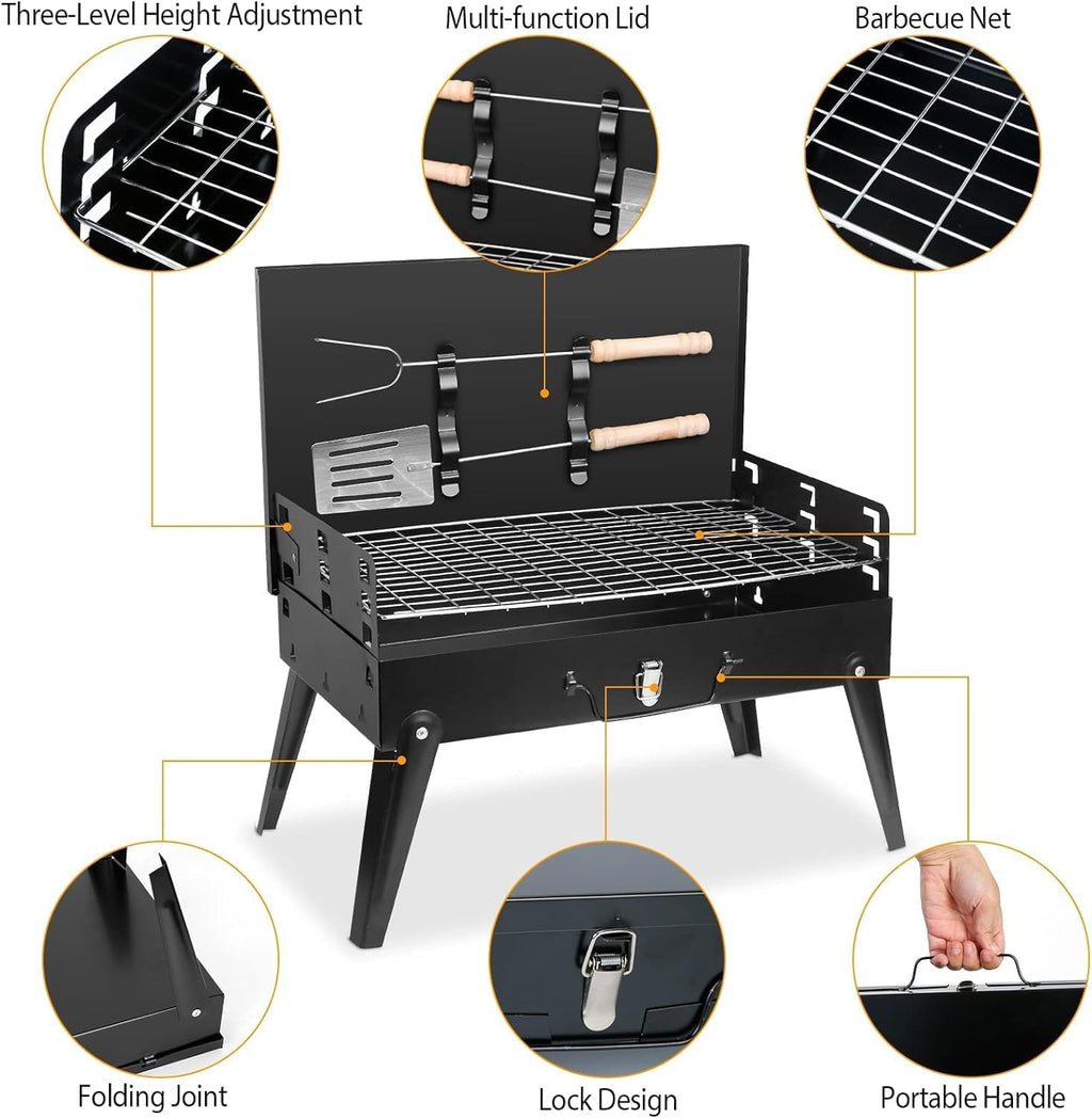 BBQ Grill Outdoor Folding Charcoal, Foldable Camping Grill with Barbecue Accessories & Lid for Outdoor Cooking Camp Picnic Hiking Beach Patio Smokers