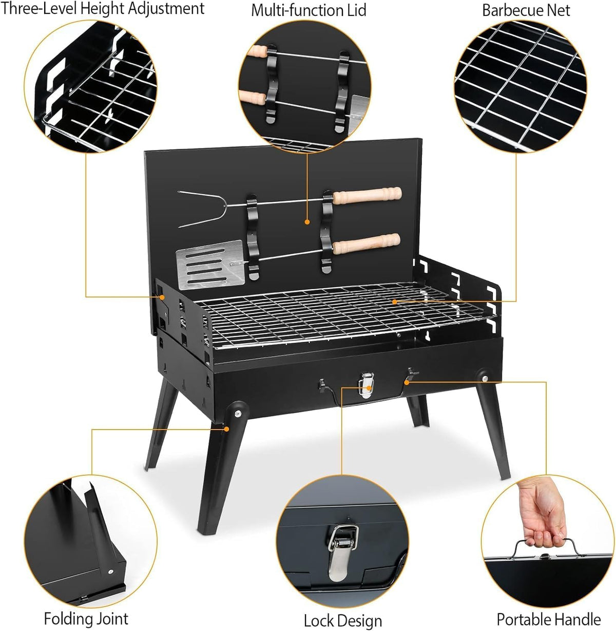 BBQ Grill Outdoor Folding Charcoal, Foldable Camping Grill with Barbecue Accessories & Lid for Outdoor Cooking Camp Picnic Hiking Beach Patio Smokers