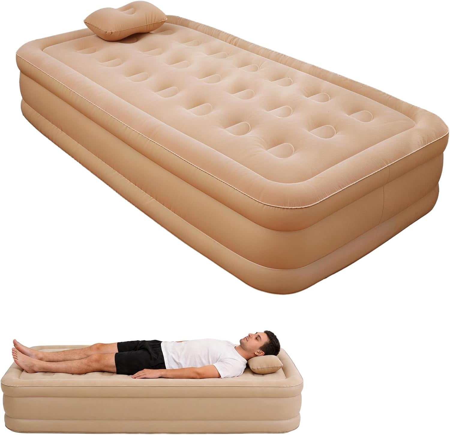 Single Air Mattress with Built-In Pump, Portable Inflatable Bed, Blow up Mattress for Camping Travel Home Guests, 191 * 100 * 40Cm Beige
