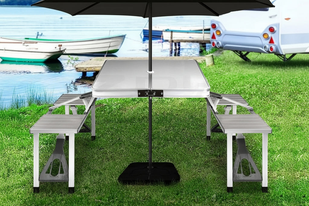 Camping Table with Chairs 85X66X66.5Cm Folding Portable Aluminium | Aluminium Framed Dining Set Suits Picnic Camp Travel, Garden Bench Seating and Beach BBQ Outings