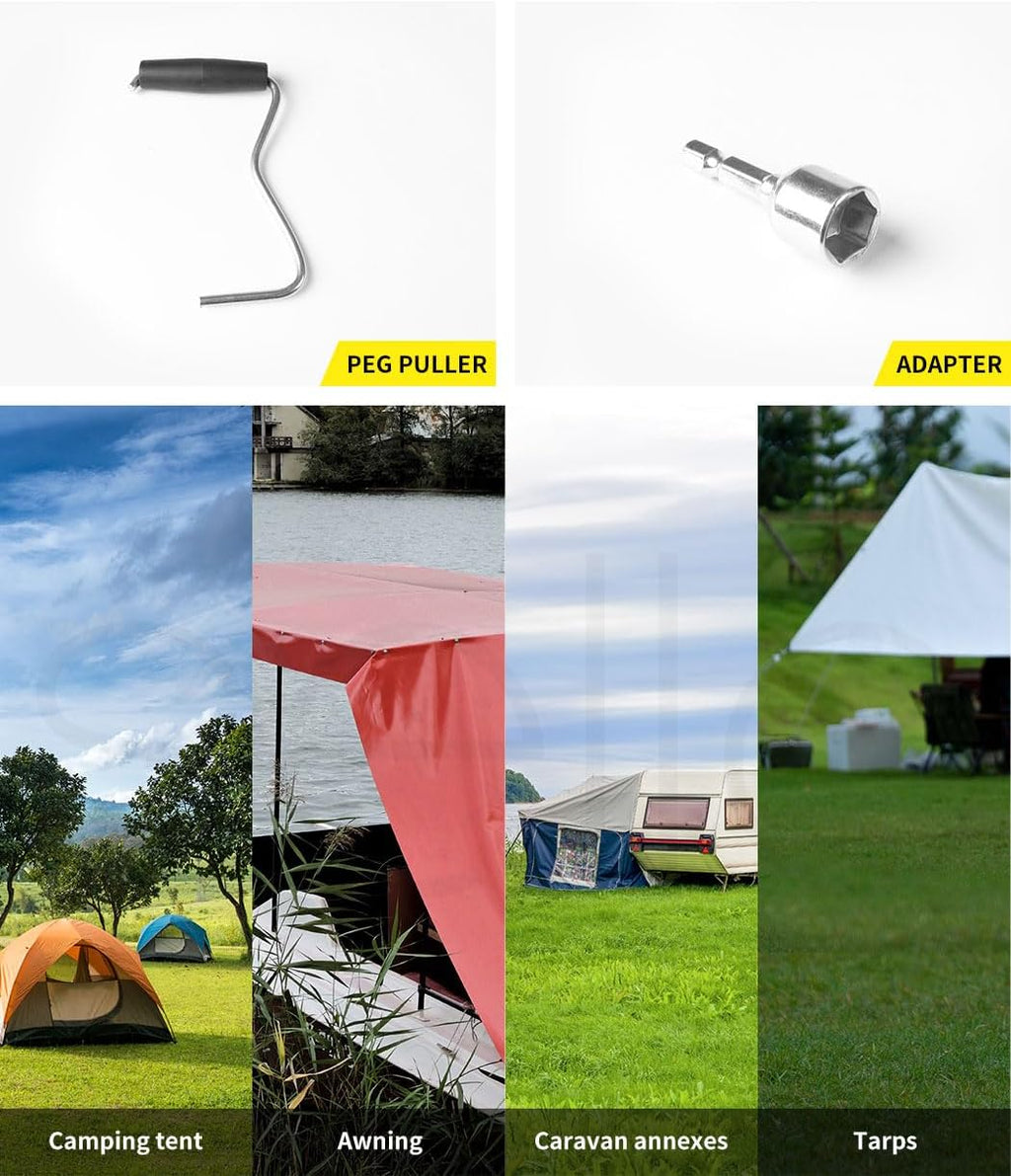 Tent Pegs Heavy Duty Screw Steel in Ground Camping Outdoor Stakes X15, 15Pcs Tent Stakes with Sotrage Box Case,Adaptor,Peg Puller, Galvanized Steel Tent Pegs for Camping,Garden,Sand,Beach