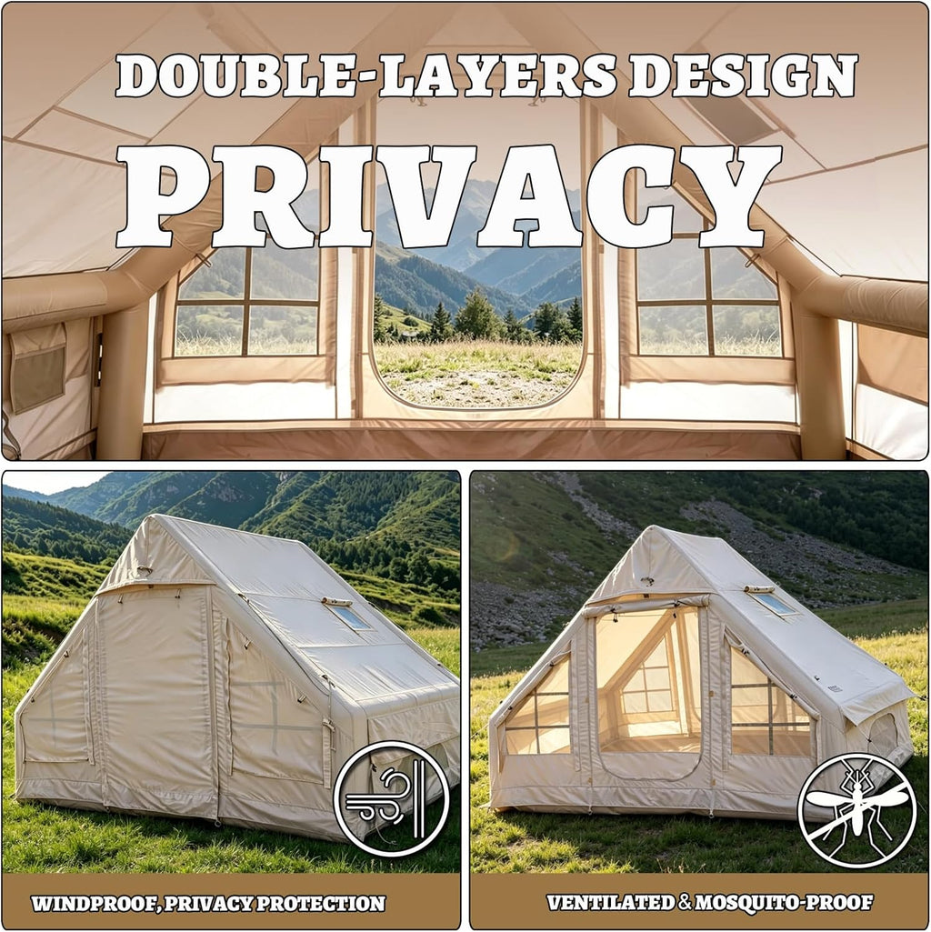 2 Person Premium Inflatable Tent with Pump, Mesh & Chimney Window.