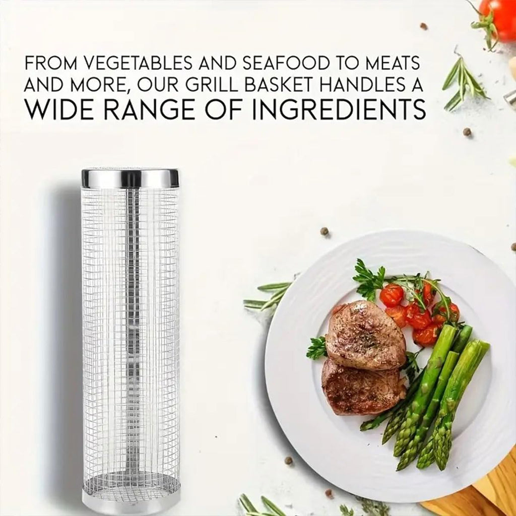 2PCS round BBQ Grill Basket, 7.9/11.8 Inch Rotating Barbecue Cage for Vegetables, Meat, and Seafood, Portable Smoker Drum with Mesh Design