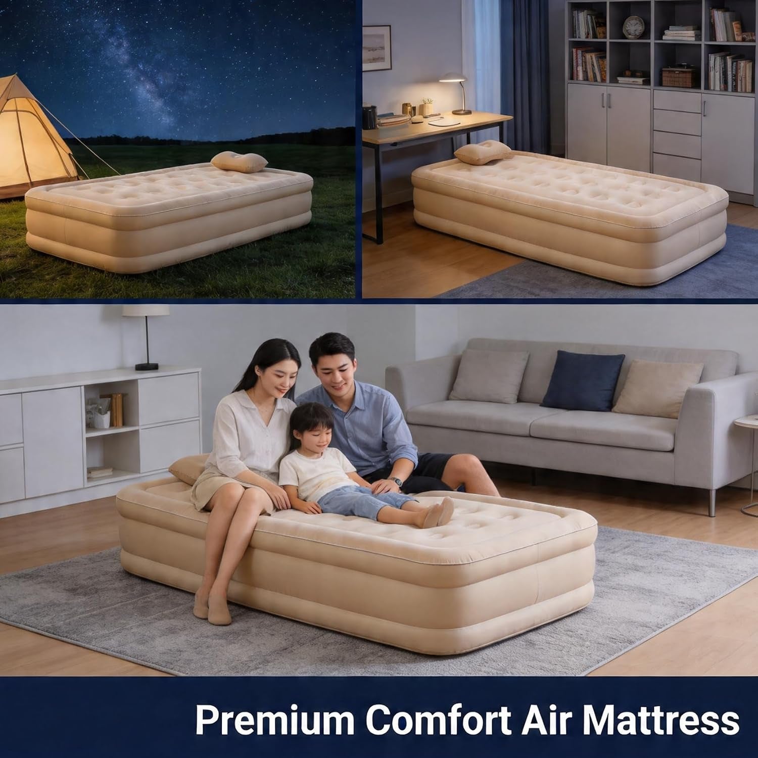 Single Air Mattress with Built-In Pump, Portable Inflatable Bed, Blow up Mattress for Camping Travel Home Guests, 191 * 100 * 40Cm Beige