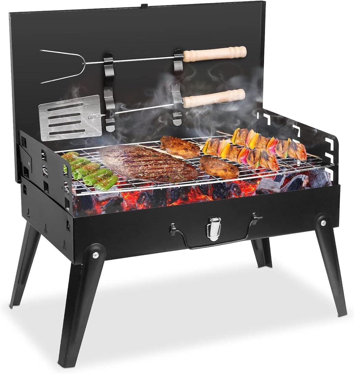 BBQ Grill Outdoor Folding Charcoal, Foldable Camping Grill with Barbecue Accessories & Lid for Outdoor Cooking Camp Picnic Hiking Beach Patio Smokers