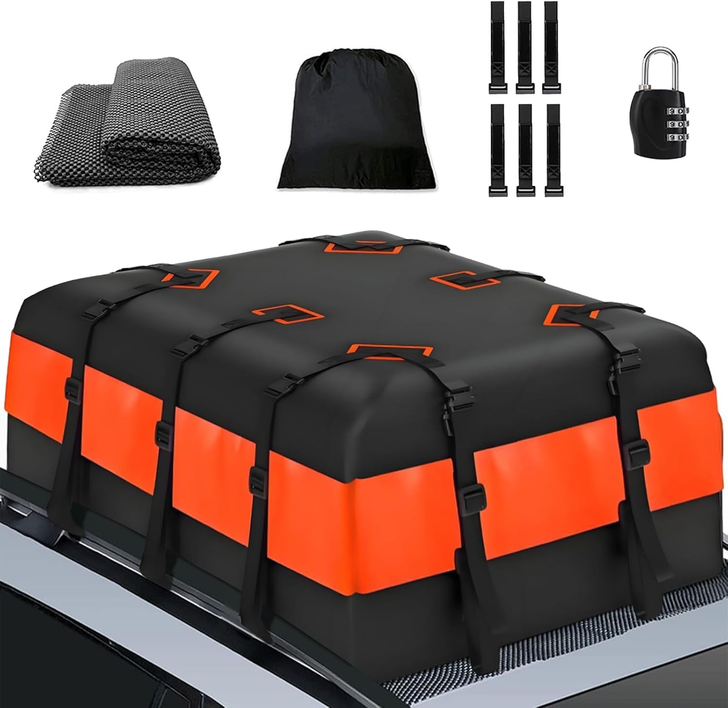 Rooftop Cargo Carrier,  Waterproof Car Roof Bag for All Vehicles With/Without Rack, Roof Top Luggage Bag, Anti-Slip Mat, 10 Reinforced Straps, 6 Door Hooks, Luggage Lock Included