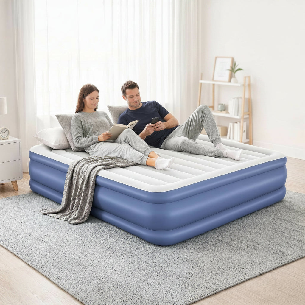 King Air Mattress with AC Pump Camping Inflatable Bed Travel Blue | Built-In AC Pump Inflates Quickly; Includes Carry Bag and Pillow with Flocked Surface for Camping and Indoor Guest Use.