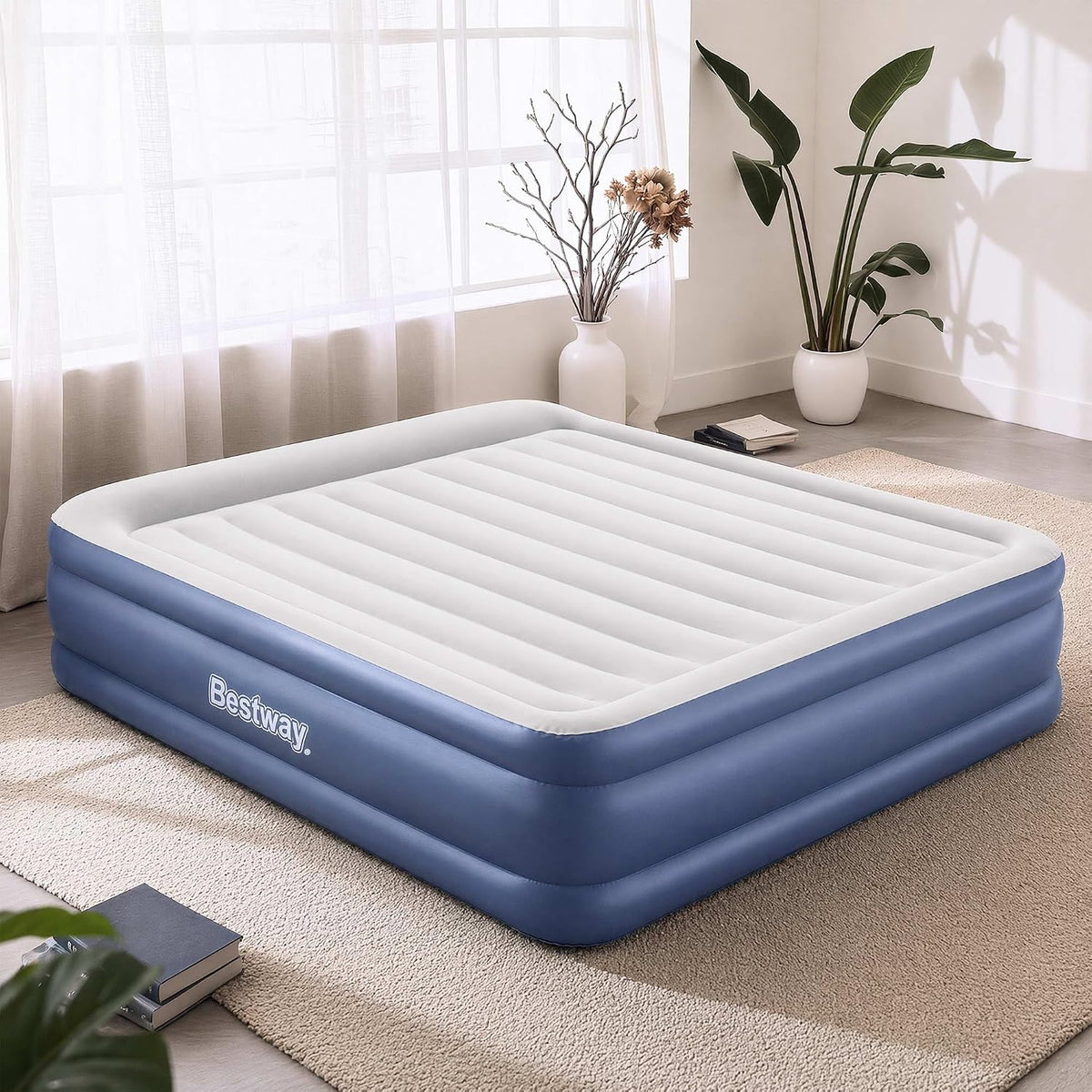 King Air Mattress with AC Pump Camping Inflatable Bed Travel Blue | Built-In AC Pump Inflates Quickly; Includes Carry Bag and Pillow with Flocked Surface for Camping and Indoor Guest Use.