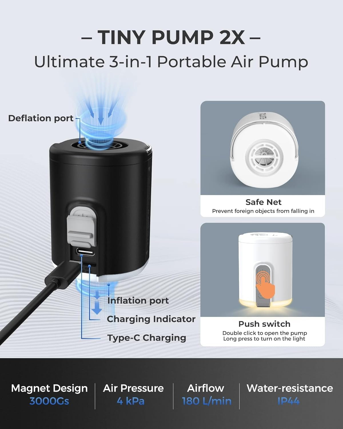 Electric Air Pump for Inflatables, Mini Portable Rechargeable Inflate Deflate Pump with Camping Light for Air Mattress Swimming Rings Pool Floats Raft Bed Bouncy Yoga Ball Vacuum Storage Bags