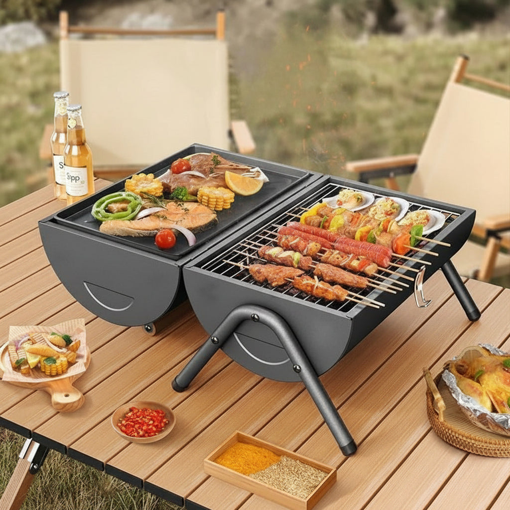 Camping Portable Charcoal Grill Stainless Steel Park BBQ Stoves Grills Folding Hibachi Grill with Handle, Mini Black Barbecue Smoker Grill for Outdoor